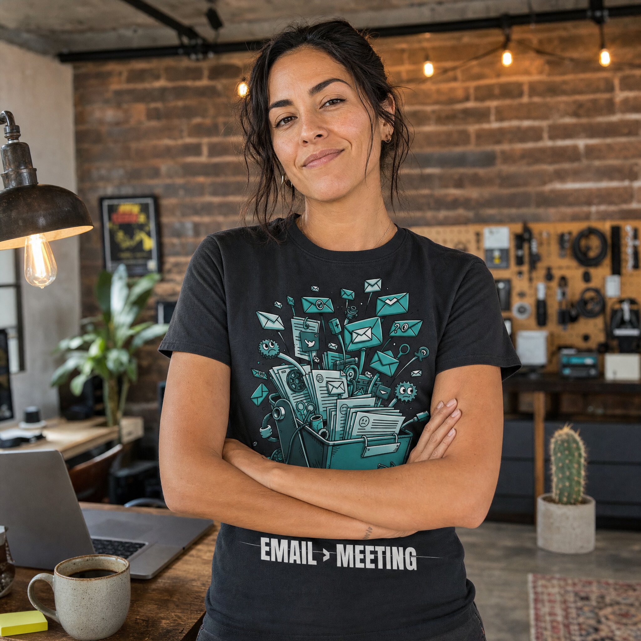 Meeting Should Be Email tee, lifestyle photo, alternate angle